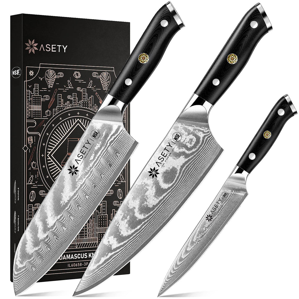ASETY couteau de chef face montrant lame damas et coupe nette