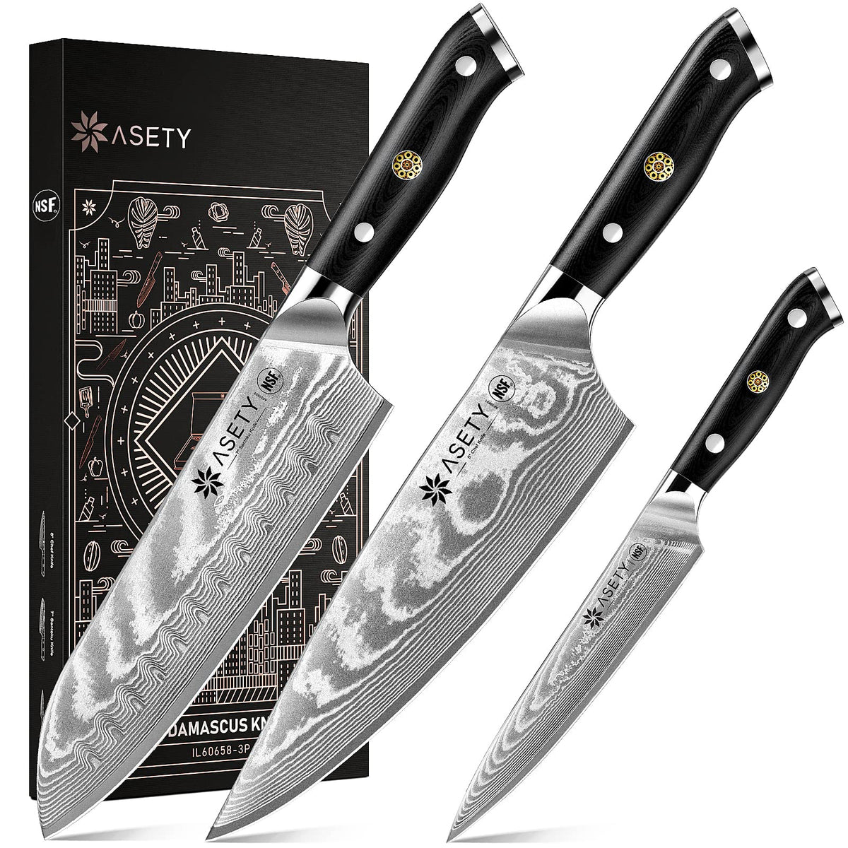 ASETY couteau de chef face montrant lame damas et coupe nette
