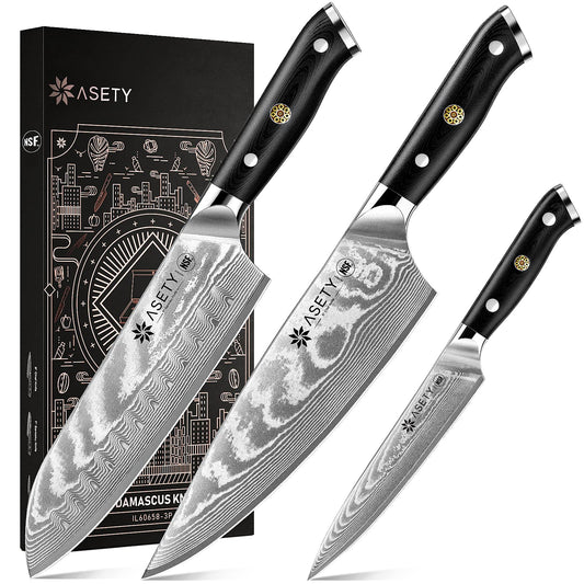 ASETY couteau de chef face montrant lame damas et coupe nette