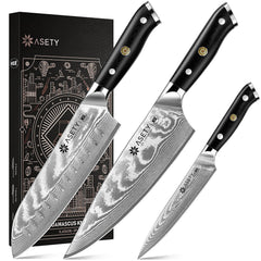 ASETY couteau de chef face montrant lame damas et coupe nette