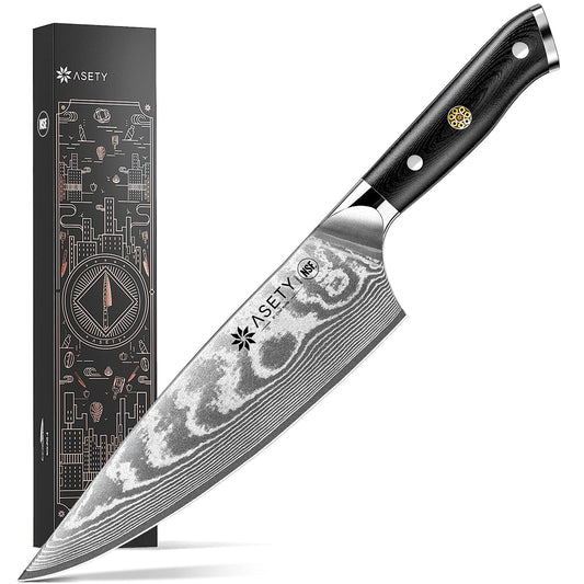 ASETY couteau chef face montrant la lame damas, coupe précise garantissant performance
