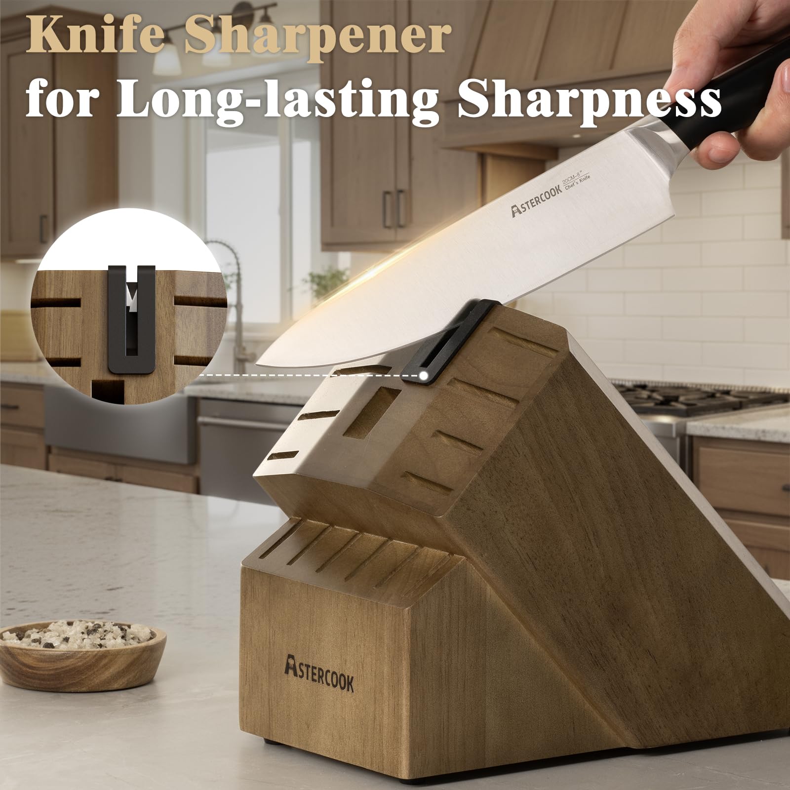 Astercook bloc en bois avec aiguiseur intégré pour entretien rapide