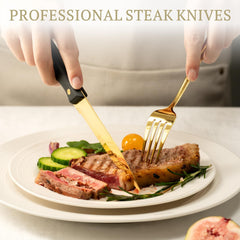 Astercook couteau à steak en train de trancher une pièce de viande, performance et coupe nette