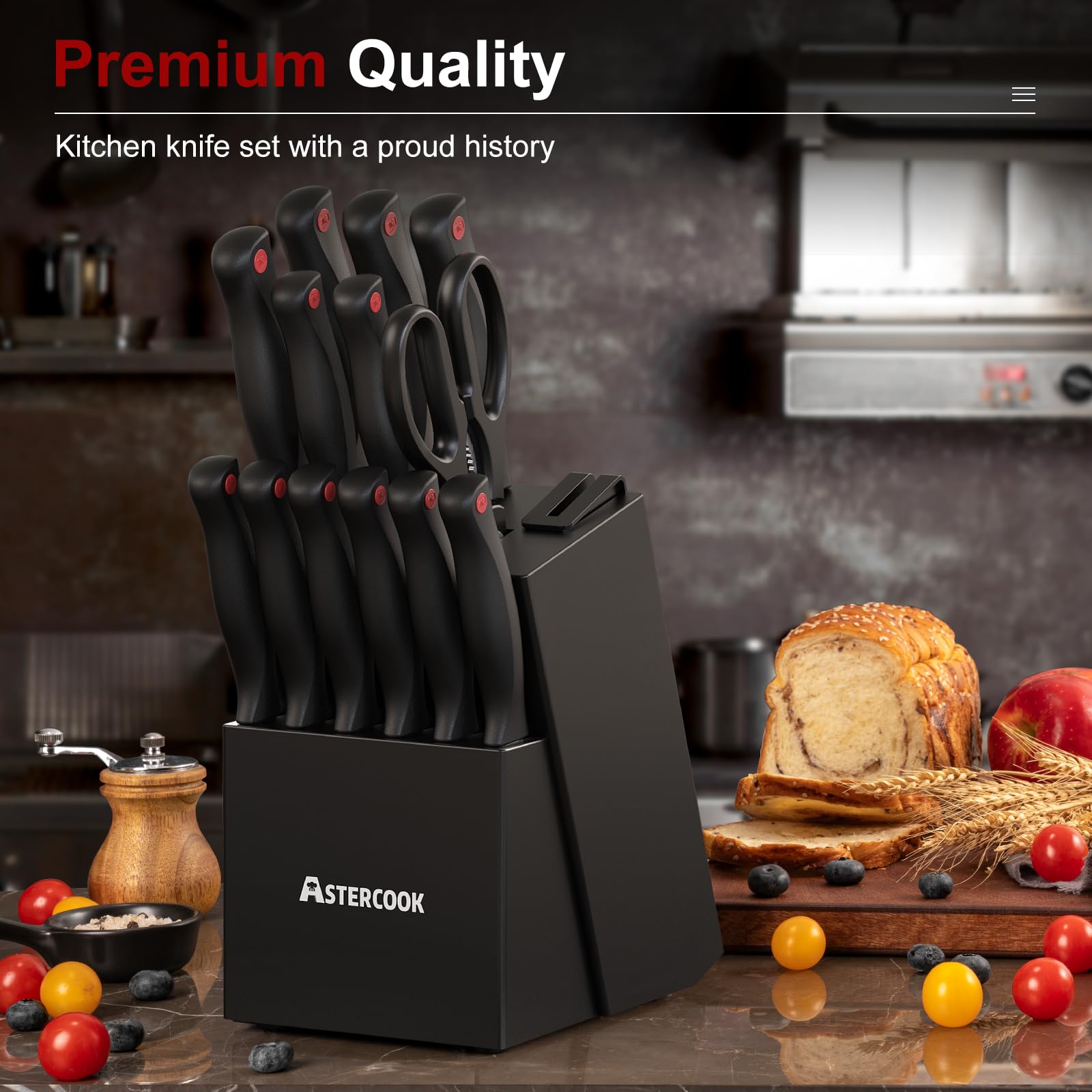 Astercook couteaux en action coupant légumes, efficacité et tranchant durable