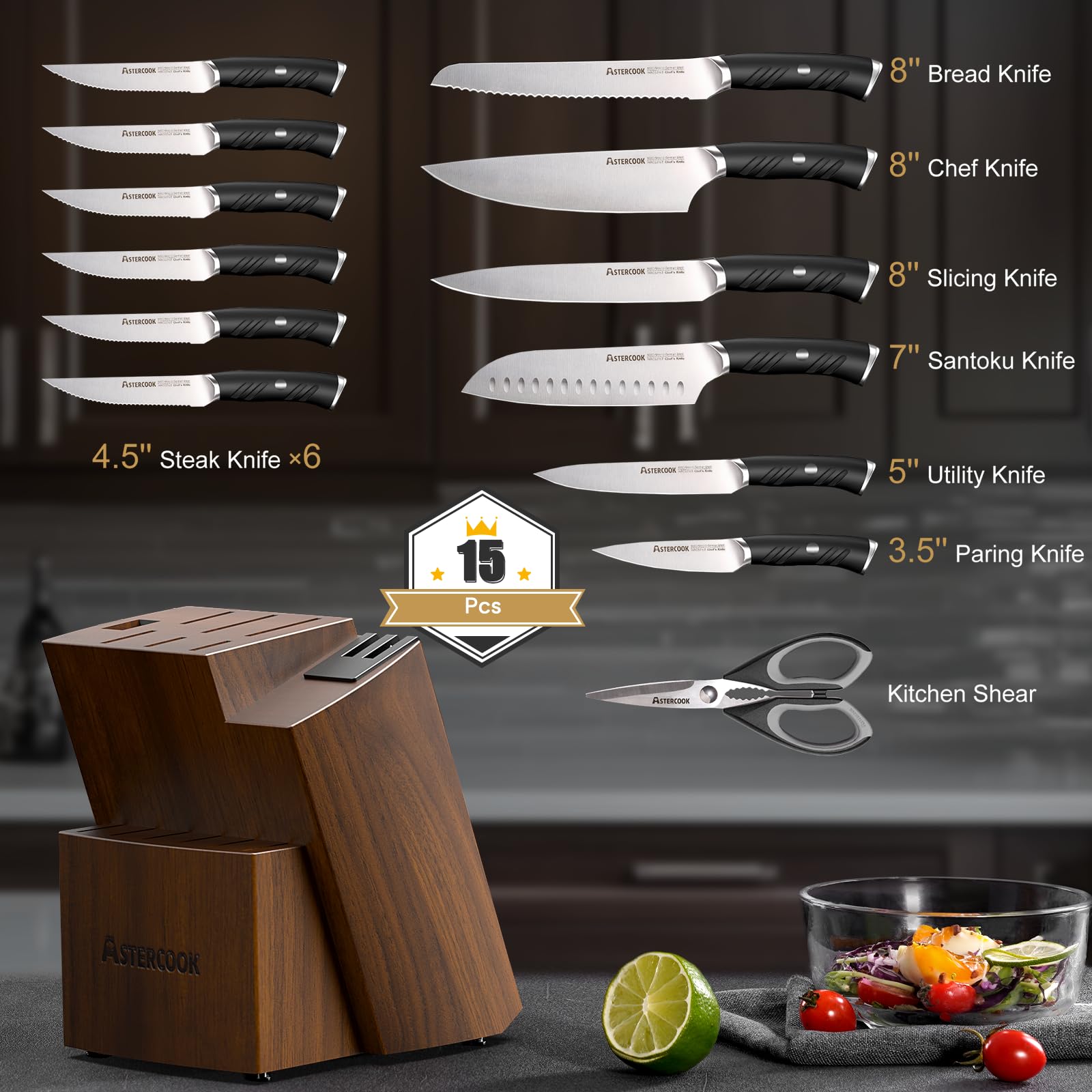 Astercook assortiment de couteaux à steak sur table, service soigné