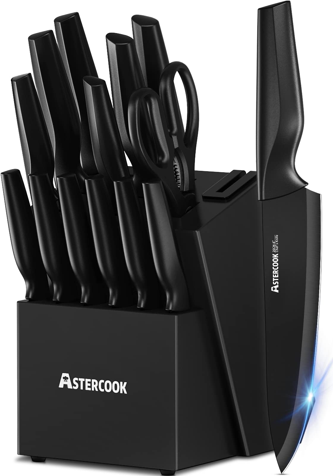 Astercook ensemble 15 pièces face avant montrant bloc noir et couteaux pour rangement pratique