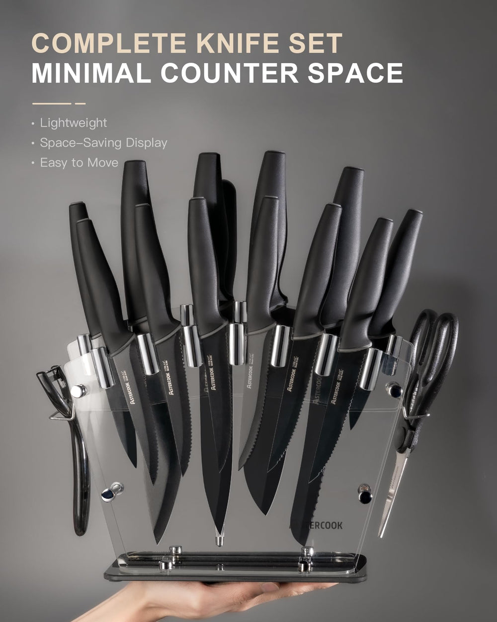 Astercook jeu complet disposé montrant variété d'outils polyvalents