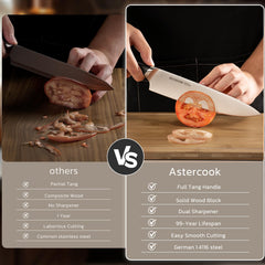 Astercook gros plan sur la lame en acier 1.4116 pour tranchage précis