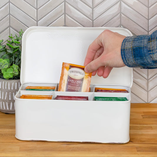 AuldHome Design couvercle ouvert révélant les sections pour sachets et un accès facile