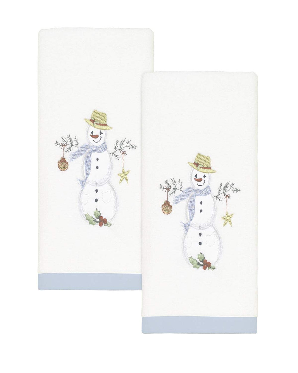 Avanti Linens vue avant de l'ensemble Coastal Snowman montrant l'emballage et la bordure festive