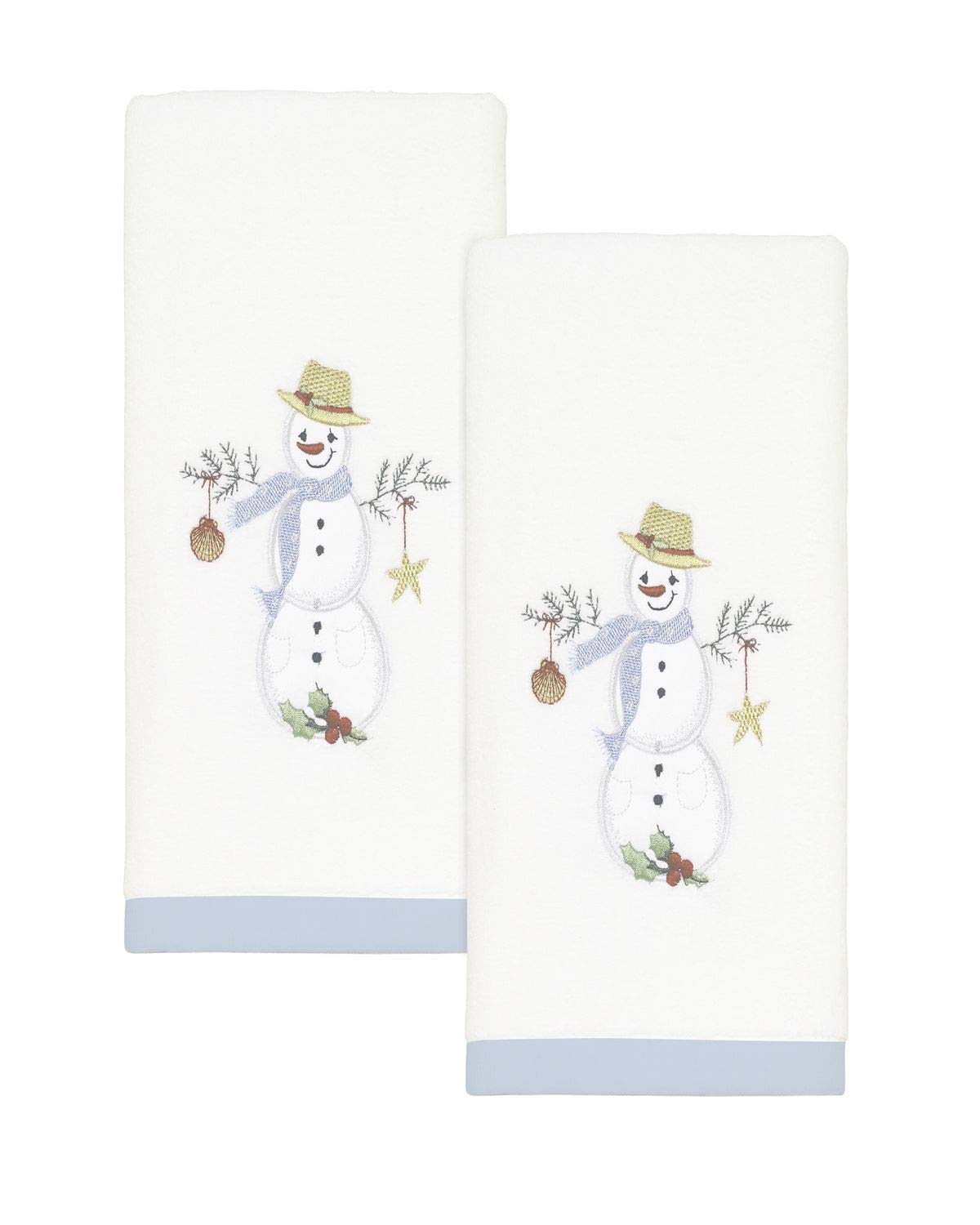 Avanti Linens vue avant de l'ensemble Coastal Snowman montrant l'emballage et la bordure festive