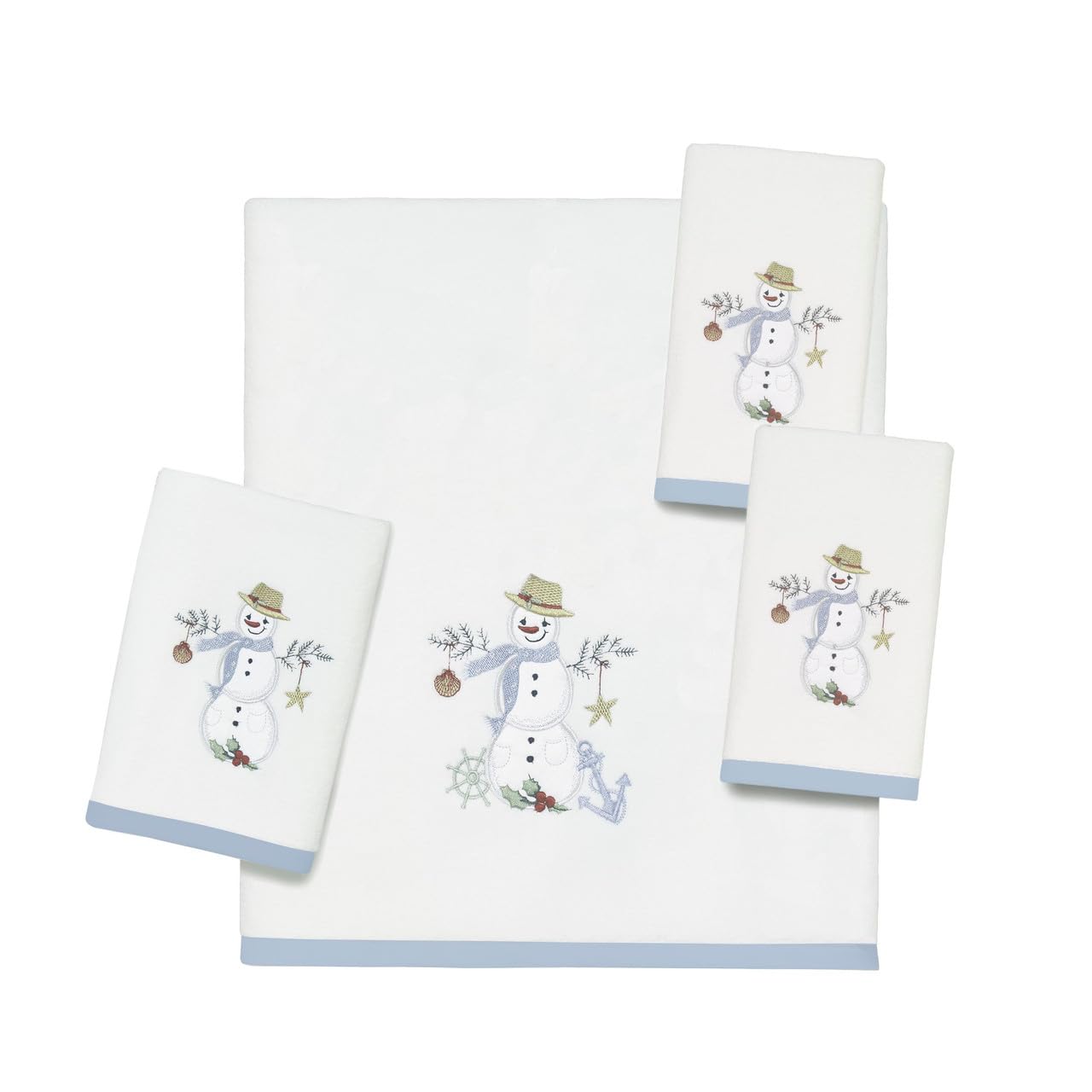Avanti Linens gros plan broderie bonhomme de neige pour une touche décorative soignée