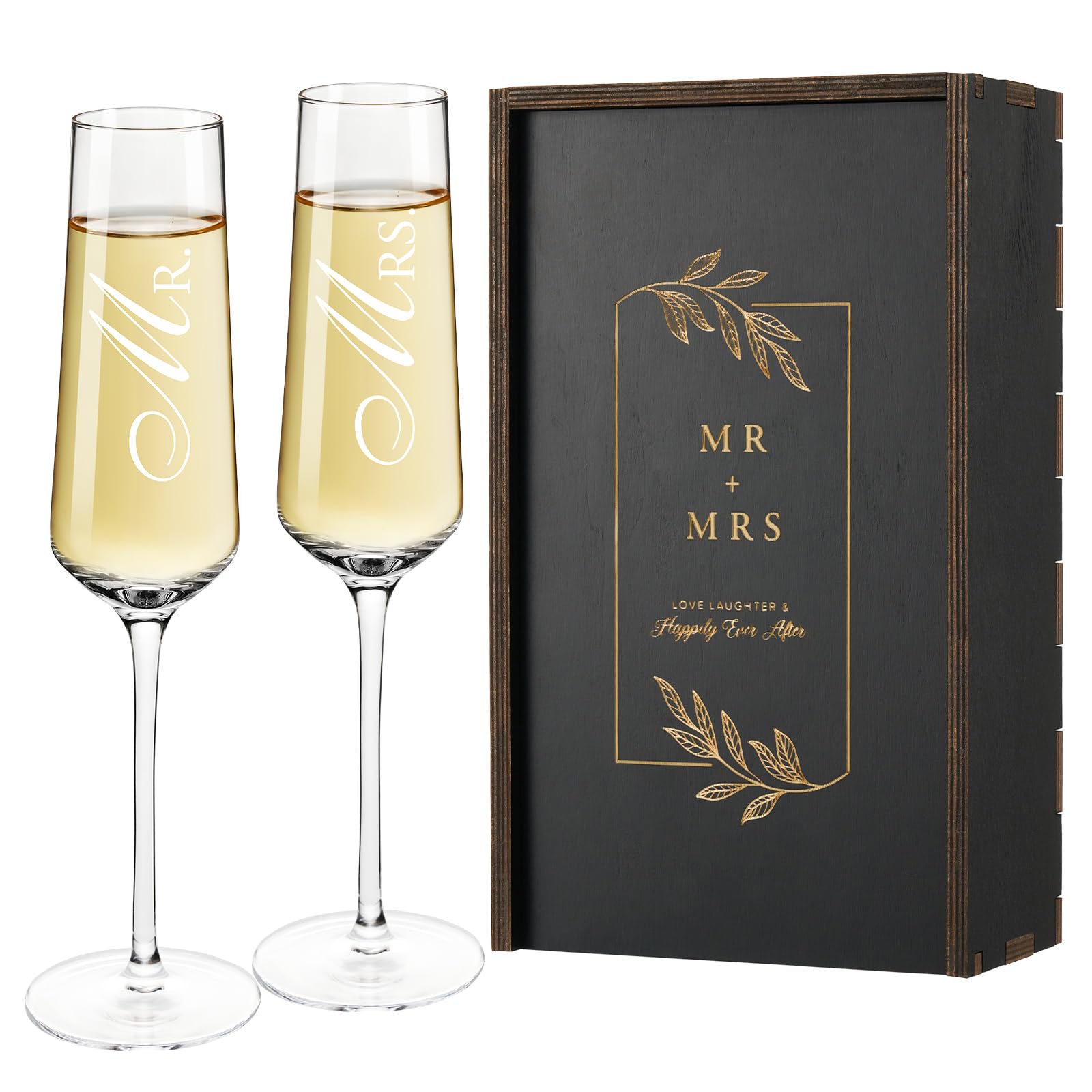 AW BRIDAL coffret bois ouvert montrant les flûtes, cadeau prêt à offrir