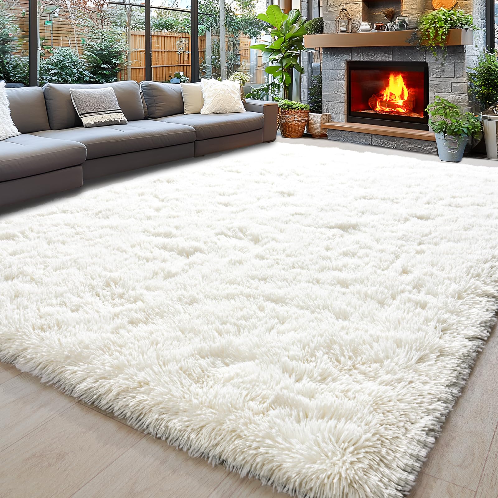 Awaytail vue avant du tapis shaggy crème, apporte confort instantané