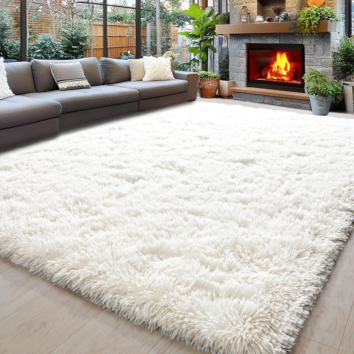 Awaytail vue avant du tapis shaggy crème, apporte confort instantané