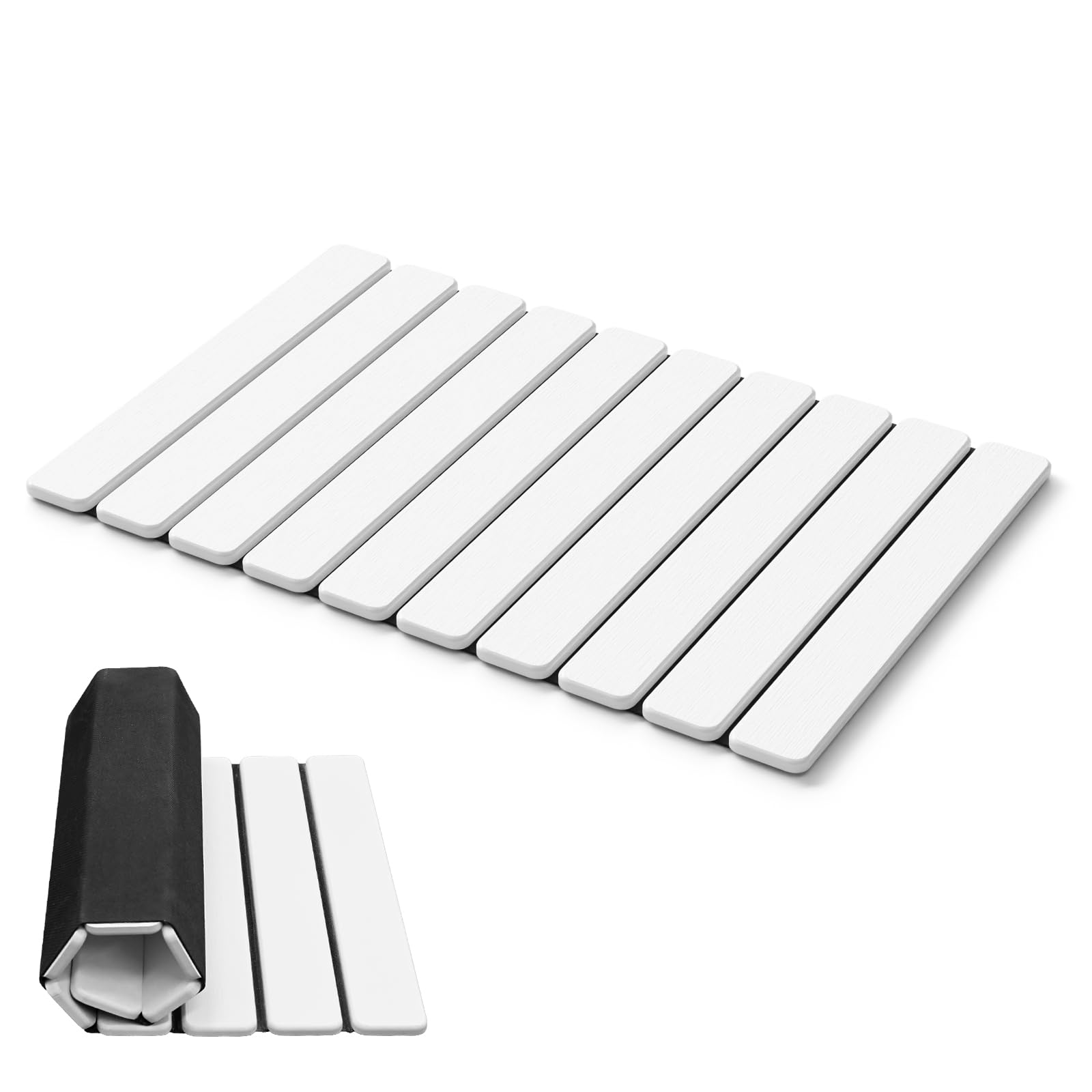 AWW tapis de bain pliable face avant montrant finition blanche et absorption rapide