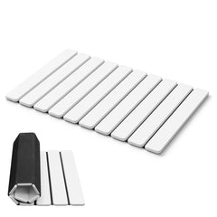 AWW tapis de bain pliable face avant montrant finition blanche et absorption rapide