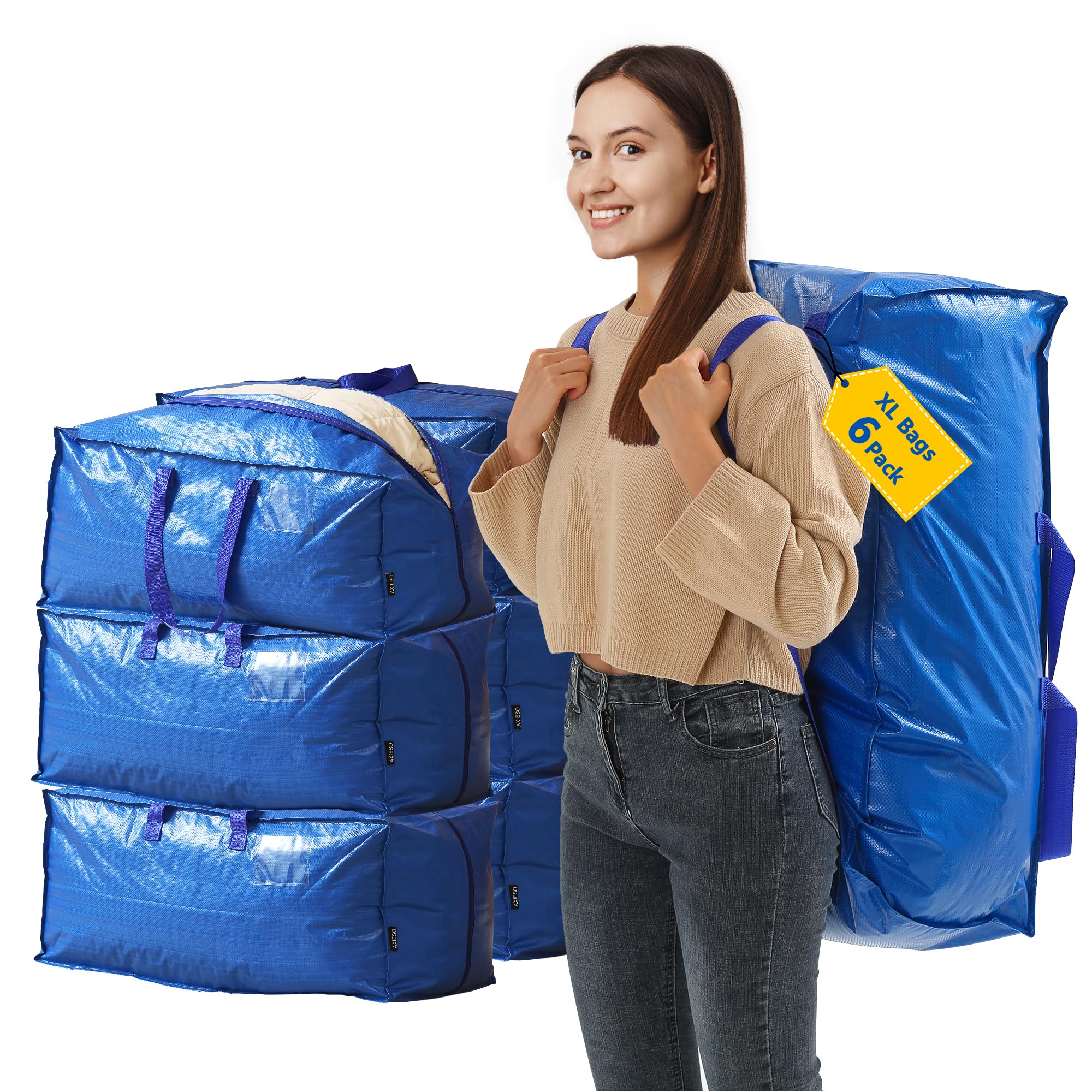 AXIESO vue avant du lot de six sacs bleus, gain de place et uniformité