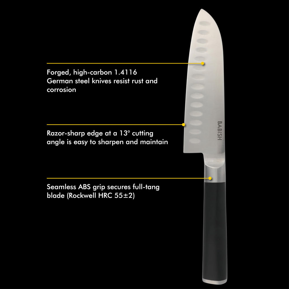 Babish couteau en action découpant légumes, précision et glisse facilitée