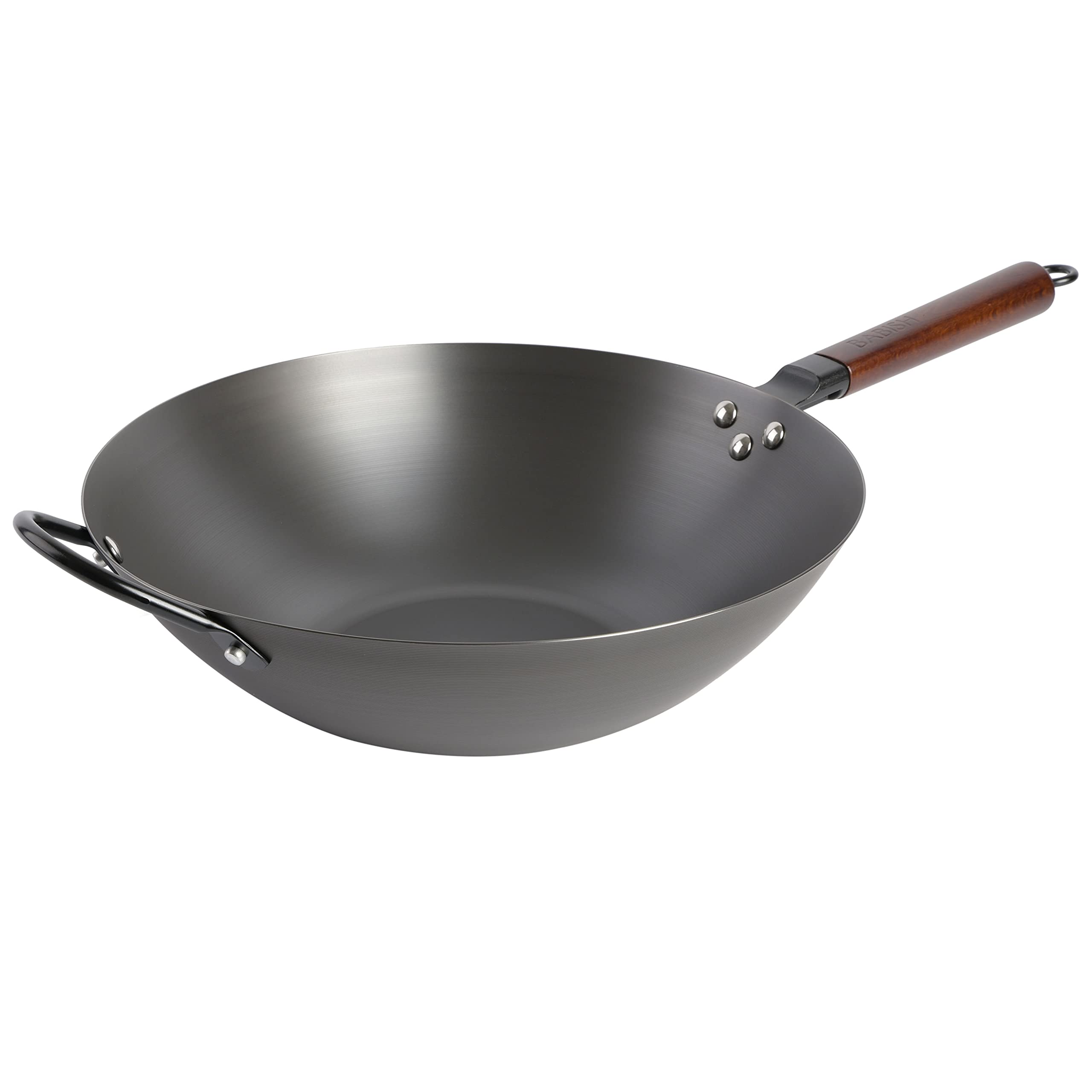 Babish wok face avant montrant poignée rivetée et profil stable