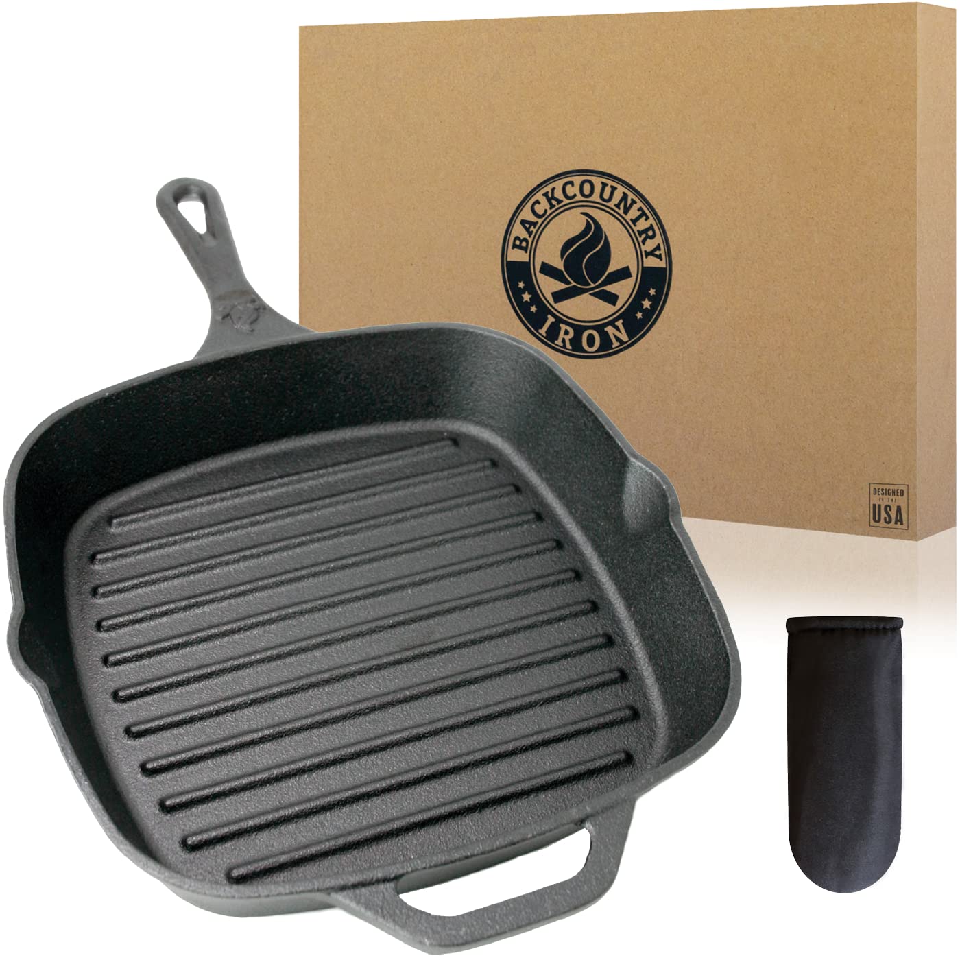 Backcountry Iron vue frontale de la poêle carrée, robustesse et chaleur uniforme