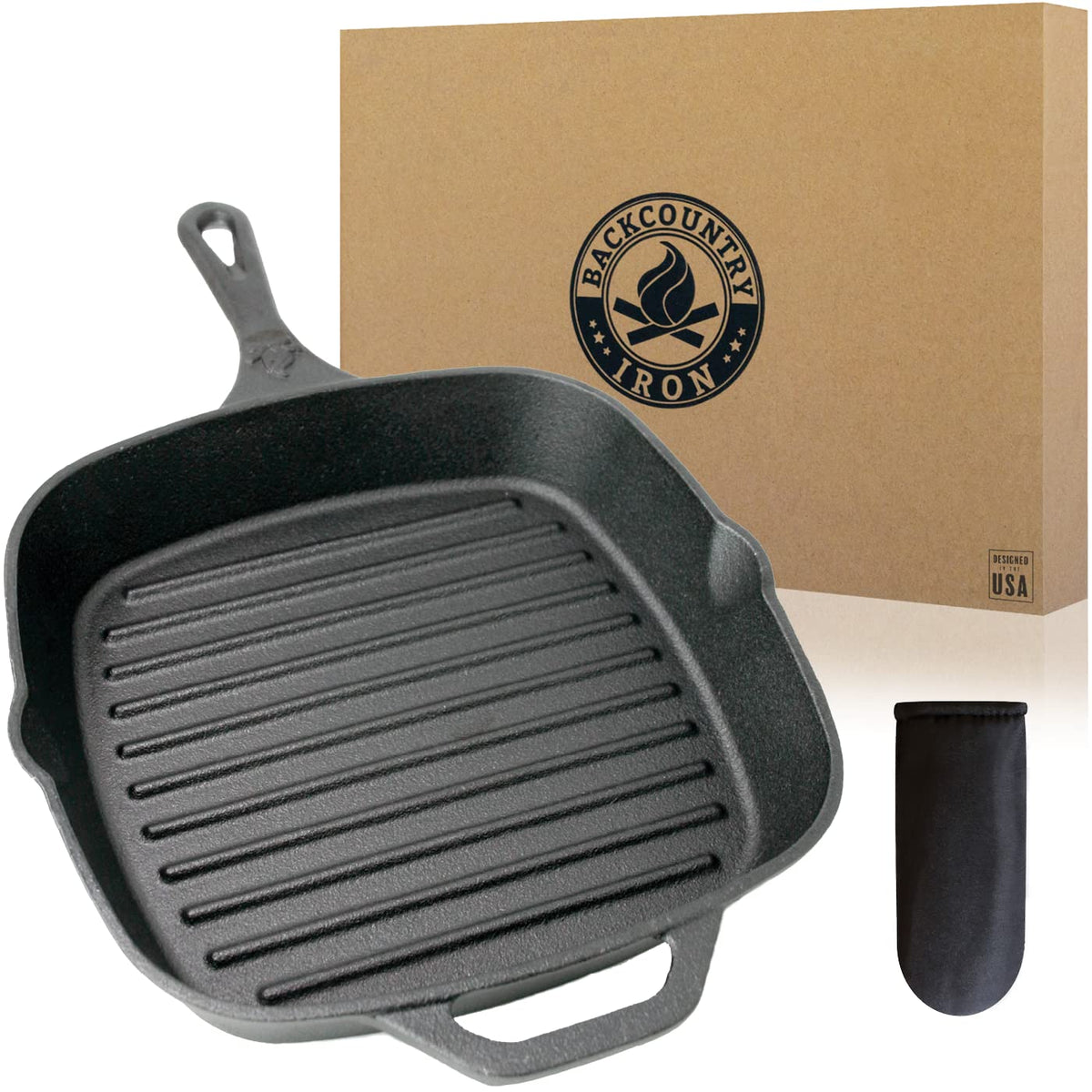 Backcountry Iron vue frontale de la poêle carrée, robustesse et chaleur uniforme