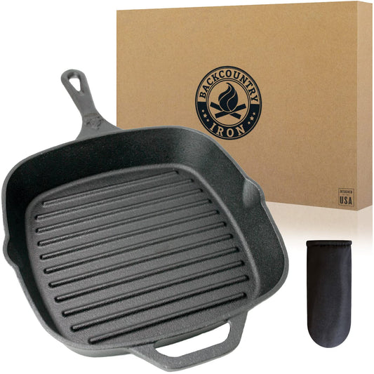 Backcountry Iron vue frontale de la poêle carrée, robustesse et chaleur uniforme
