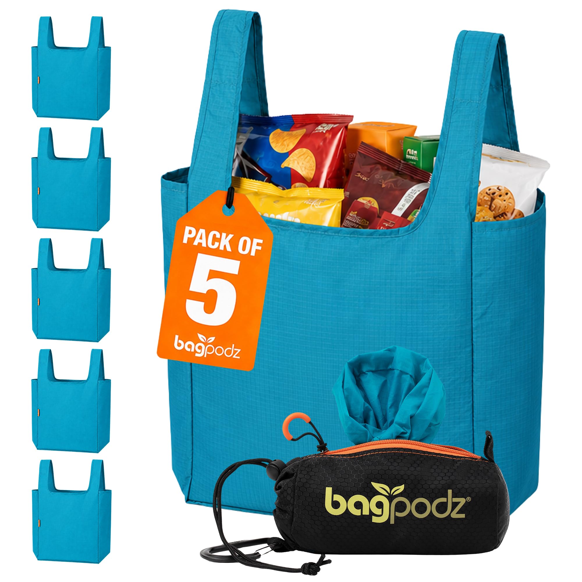BagPodz vue frontale du pack de 5, rangement compact bénéfique