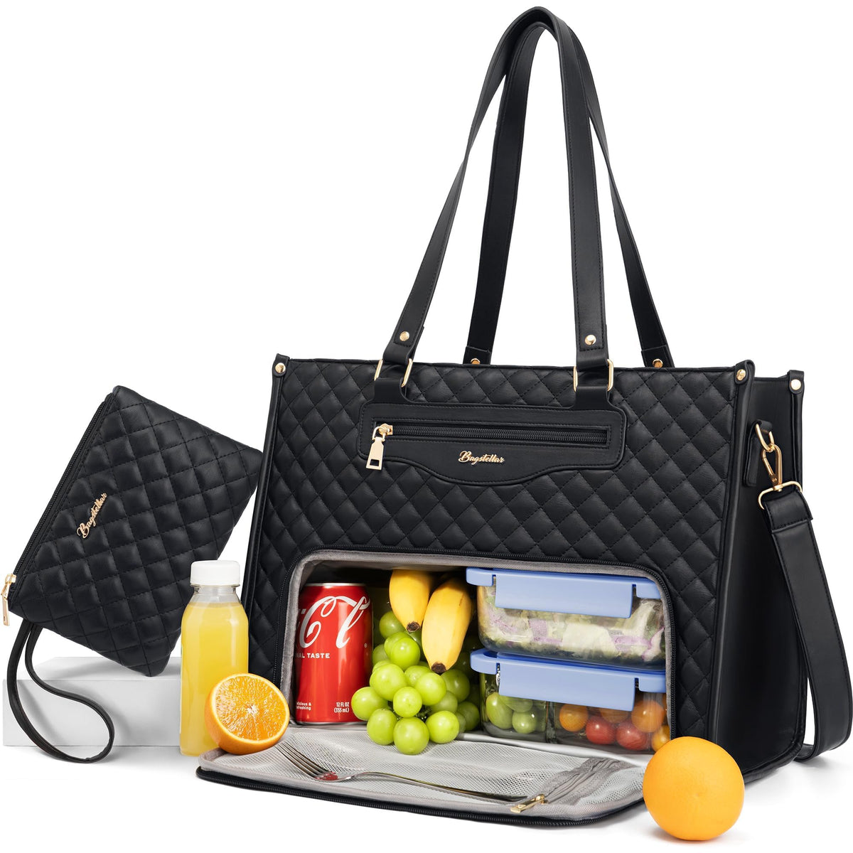 Bagstellar vue de face montrant le tote élégant et fonctionnel, pour un look pro