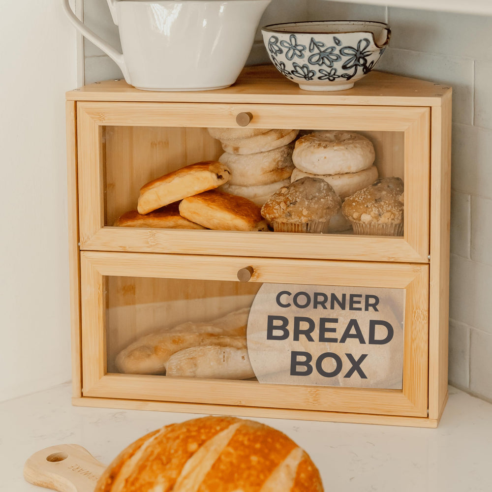 BakedBin boîte à pain d'angle vue de face, rangement optimisé et esthétique