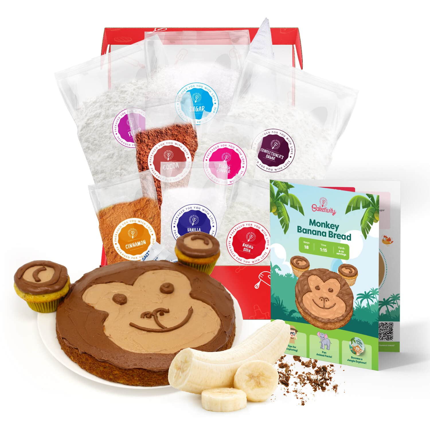 Baketivity emballage avant montrant le kit Monkey Banana Bread et simplicité