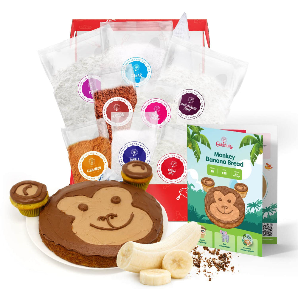 Baketivity emballage avant montrant le kit Monkey Banana Bread et simplicité
