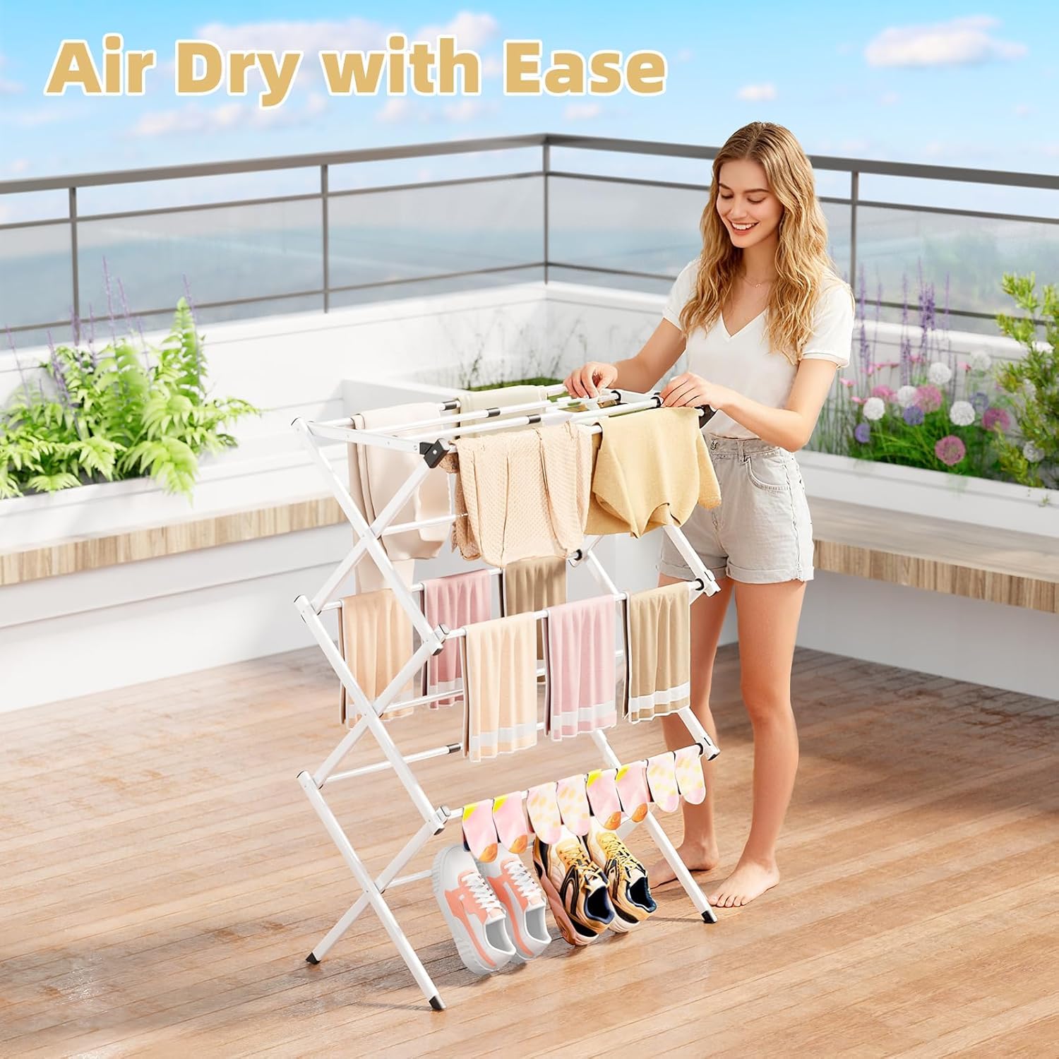 BAKON étendoir installé sur balcon séchant serviettes efficacement