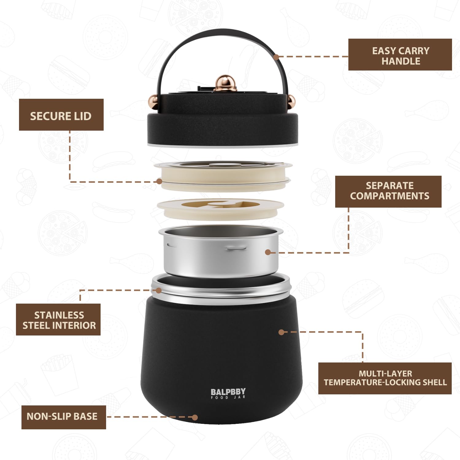 BALPBBY thermo bol intérieur vissé séparant les aliments pour conserver goûts