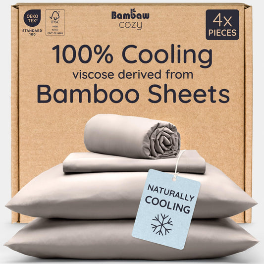 Bambaw emballage de l’ensemble de draps queen couleur sable montrant la composition
