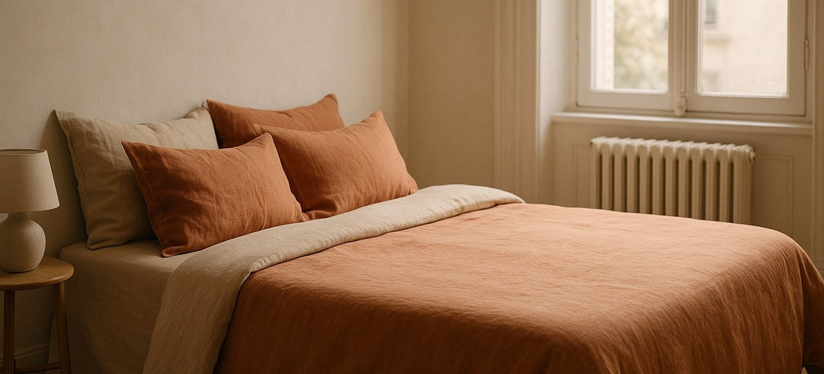 Chambre avec literie en lin lavé sable et terre cuite