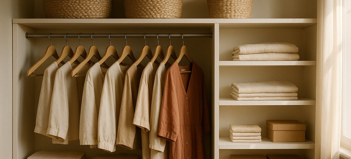 Dressing rangé avec paniers tressés, linge plié et cintres en bois
