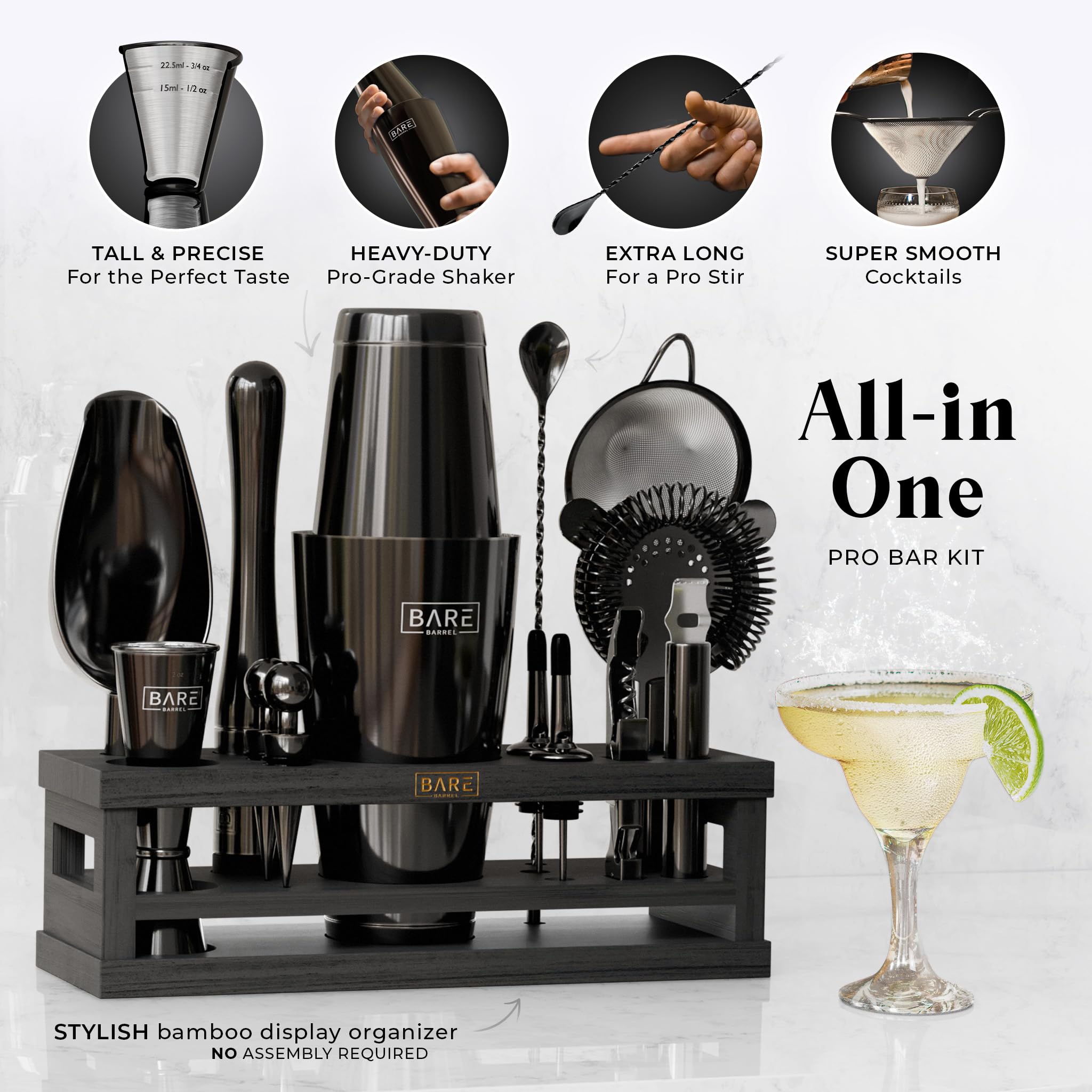 Bare Barrel gros plan sur la finition jet black du shaker, esthétique et durable
