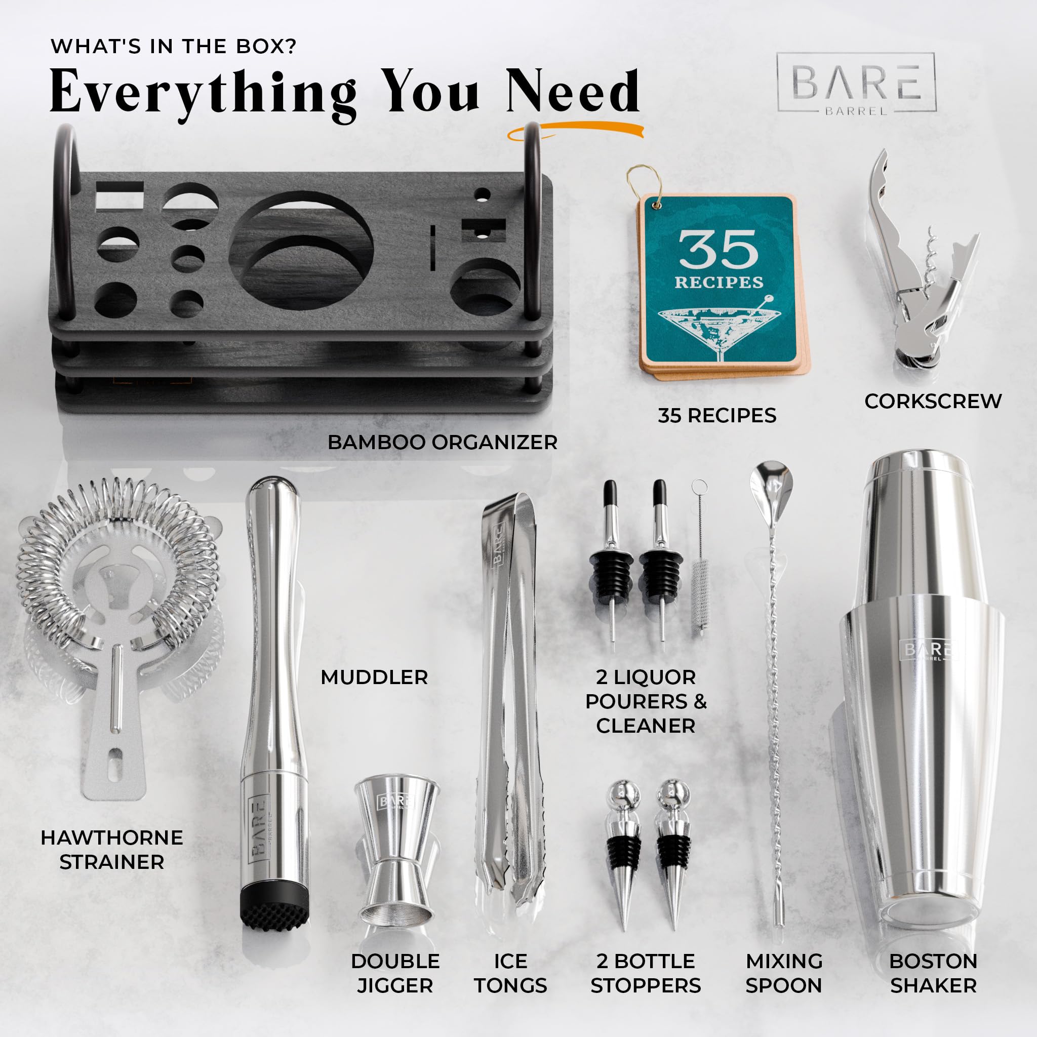 Bare Barrel outils alignés montrant finition argentée et maniabilité