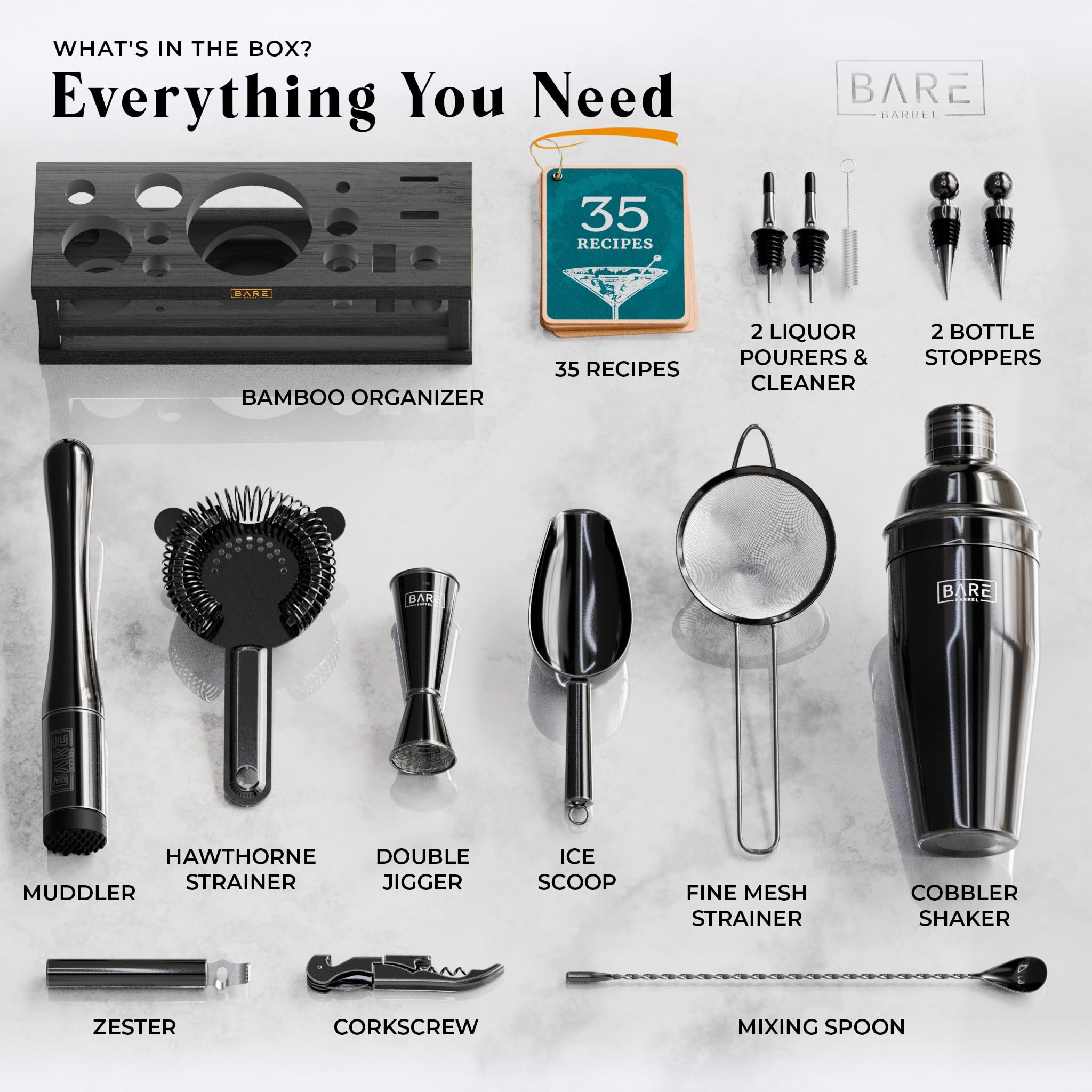 Bare Barrel vue d'ensemble des 16 outils disposés pour visualiser chaque accessoire utile