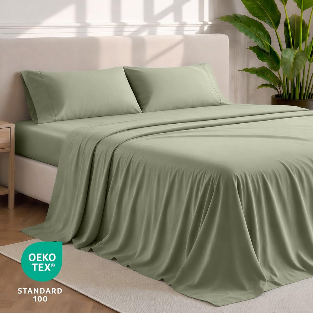Bare Home drap plat déployé Queen illustrant dimensions et couverture ample du lit