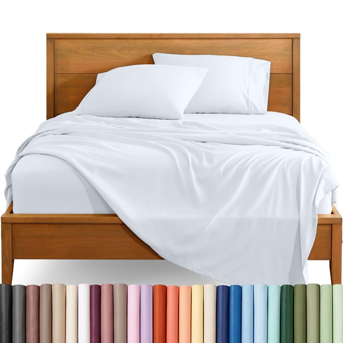 Bare Home pack de l'ensemble draps Queen blanc montrant le conditionnement et praticité