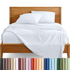 Bare Home pack de l'ensemble draps Queen blanc montrant le conditionnement et praticité