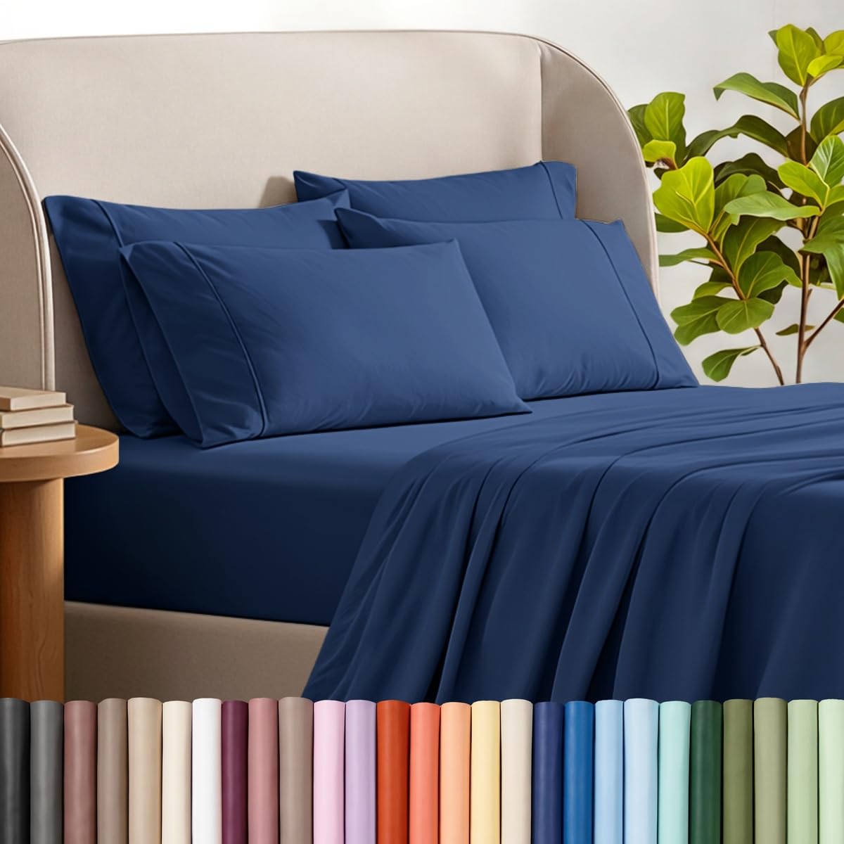Bare Home vue d'ensemble de l'ensemble de draps Twin XL en bleu foncé montrant finition nette