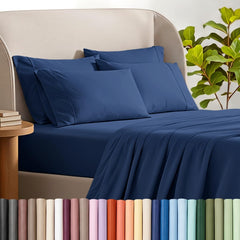 Bare Home vue d'ensemble de l'ensemble de draps Twin XL en bleu foncé montrant finition nette