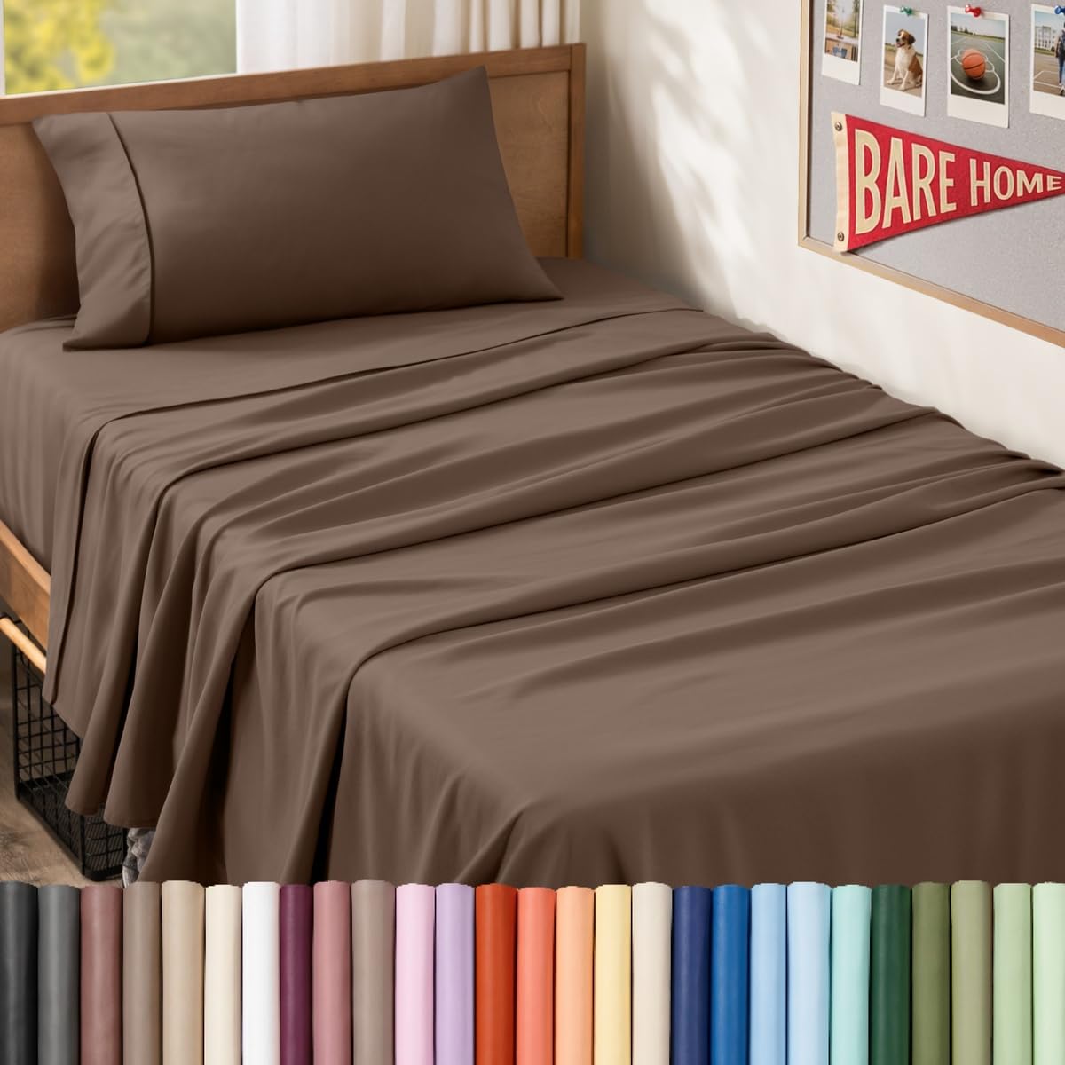 Bare Home face avant du packaging montrant l’ensemble Twin XL et le bénéfice de présentation nette