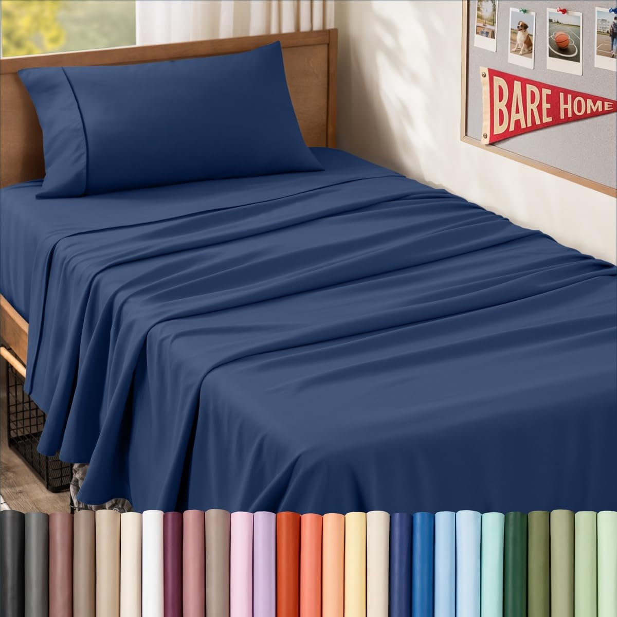Bare Home drap Twin XL bleu foncé présenté sur lit, confort immédiat