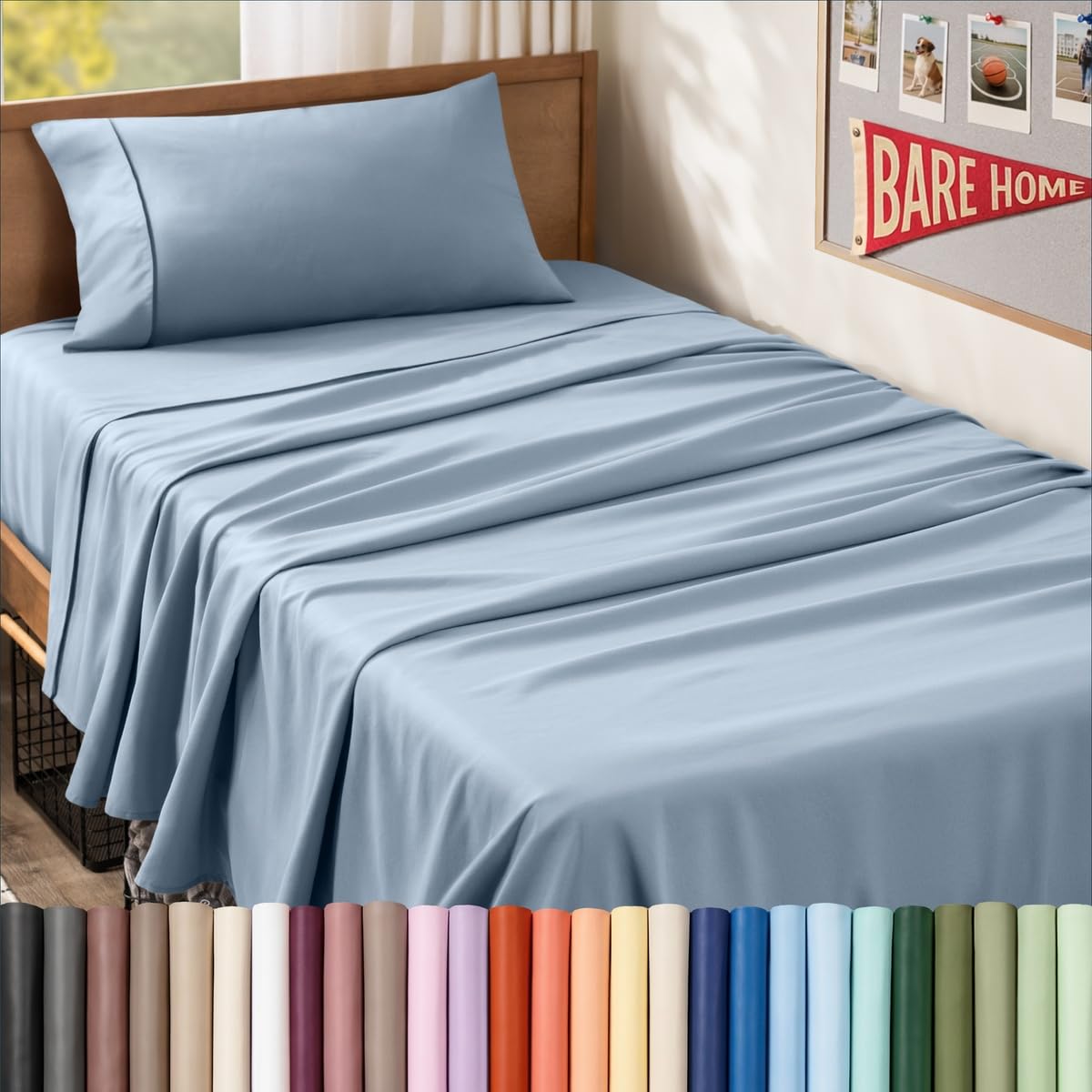 Bare Home ensemble plié Dusty Blue montrant confort et couleur