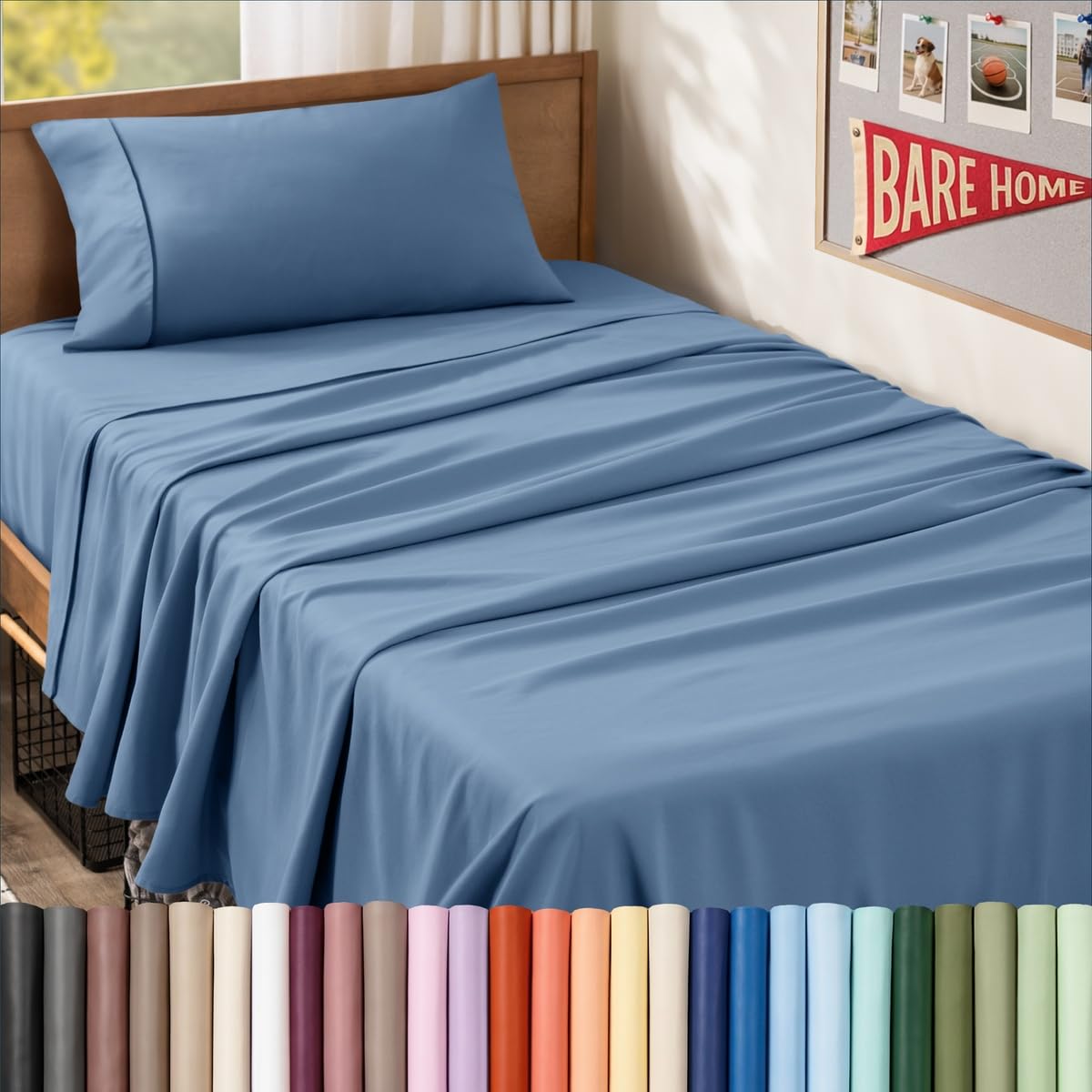 Bare Home emballage du set Twin XL Coronet Blue montre contenu et couleur