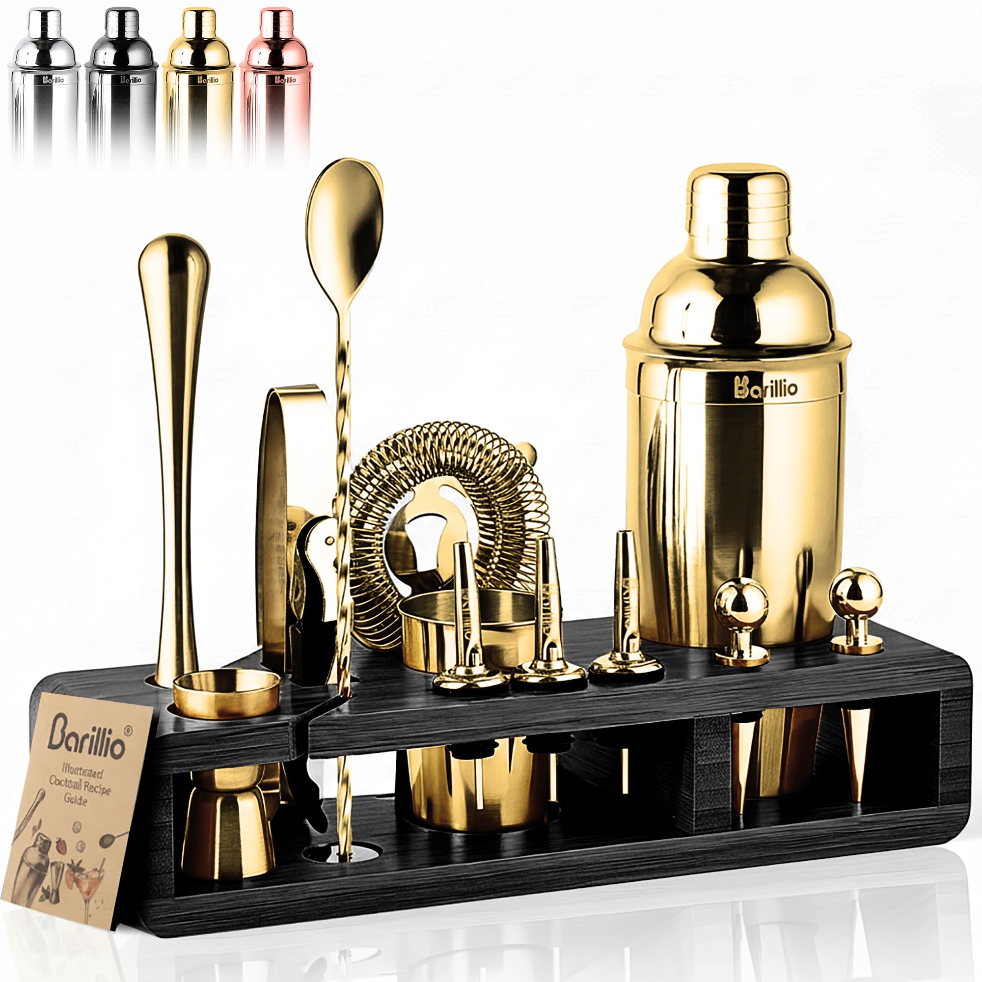 barillio vue face du kit doré sur support bambou noir, élégance et rangement
